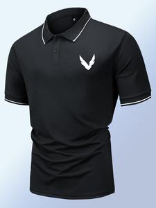 Men's Regular Fit Eagle Print Contrast Binding Polo Shirt, Men's Summer Clothes, Button Front Short Sleeve Top, Casual Business Breathable Summer Top for Men
