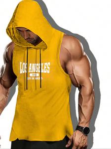 Men's Letter Print Hooded Tank Top, Regular Fit Casual Hooded Sleeveless Top for Summer, Men's Clothes for Gym Workout Running