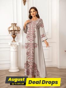 Women's Ethnic Pattern Faux Pearl Decor Long Dress, Boho Modest Long Sleeve Round Neck Dress for Vacation Holiday Wedding Guest, Ladies Islamic Clothing for All Seasons, Long Sleeve Dresses, Longsleeves Womenswear, Classy Modest Dresses