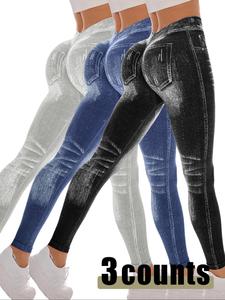 Women's Denim-effect Print High Waist Sports Leggings, Casual Comfy Breathable Seamless Skinny Pants for Yoga Gym Workout Running, Ladies Sportswear for All Seasons, Womenswear