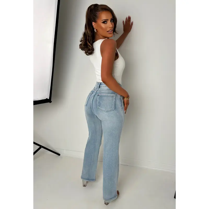 Escape In Denim Light Blue Stretch Distressed Straight Leg Jeans 1