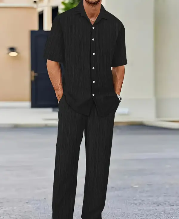 Men's casual striped short-sleeved sports suit with button-down shirt collar and elastic waistband pants, made of polyester textile elastane blend, summer two-piece suit 0