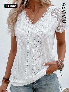 Women's Sheer Lace Eyelet Embroidered Solid Color Tee, Elegant Short Sleeves for Summer, Daily Wear