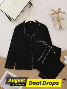 Women's All Over Print Lapel Neck Pajama Set, Long Sleeve Button Top & Tie Front Pants Pj Set, Casual Comfy Loungewear Set for Women, Pajamas, Womenswear, Nightwear