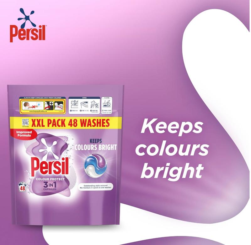 Colour Protect 3 in 1 Washing Capsules keeps colours bright outstanding stain removal in quick & cold washes 48 washes 3