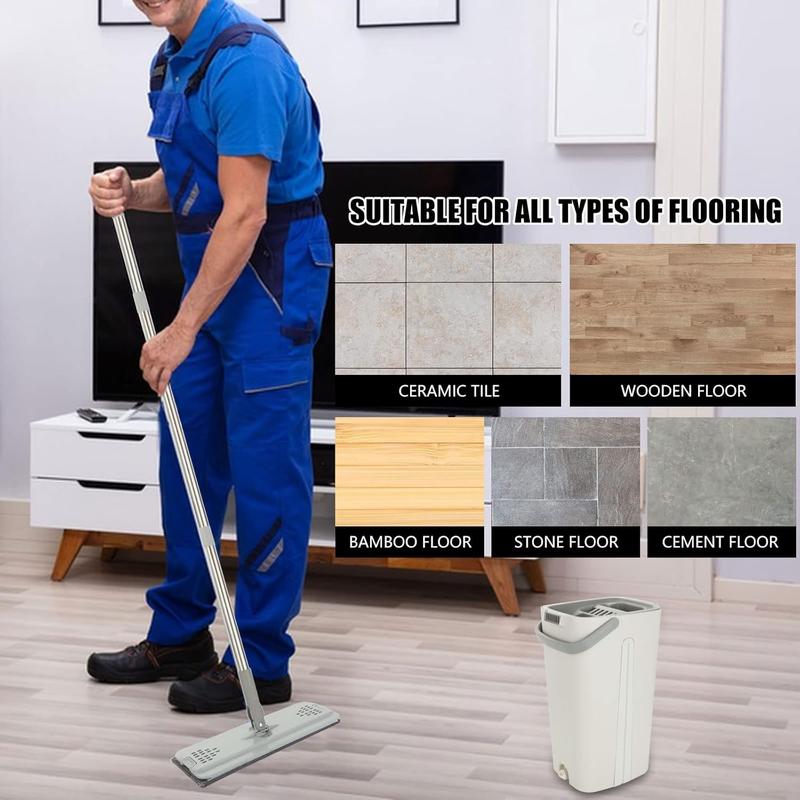 Flat Mop and Bucket set, Hands Free Squeeze Mop with 10 Reusable Microfiber Mop Pads and Stainless Steel 123cm Long Handle, Microfiber Floor Mop for Tiled, Marble, Hardwood Cleaning 7