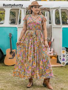 Plus Floral Print Ruffle Hem Belted Butterfly Sleeve A Line Dress, Summer Clothes Women Boho Contrast Lace Dress for Beach Vacation Holiday, Sundress Maxi Dress