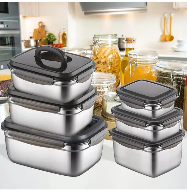 Stainless Steel Food Storage Box, 3 Countsset Square Food Storage Container, Durable Bento Box with Lid, Lunch Box, Kitchen Utensils