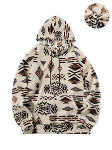 Men's Ethnic Pattern Drop Shoulder Hoodie, Casual Long Sleeve Drawstring Kangaroo Pocket Hooded Sweatshirt for Daily Holiday Outdoor Wear, Men Clothes for Fall & Winter