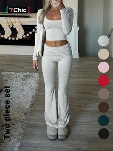 Women's Solid Color Square Neck Crop Tee & Flare Leg Pants Two-Piece Set, Casual Fashion Cozy Two Piece Outfits for Daily Outdoor Wear, Cropped Top Clothes