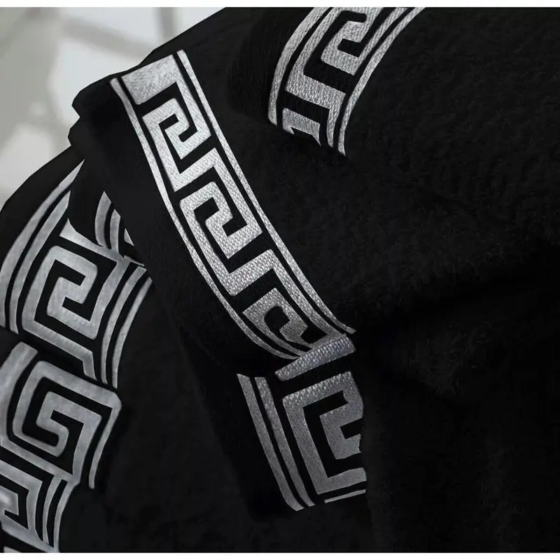 2pk Greek Keys Face Towel Embroidered Egyptian Cotton Black Silver Grey New 2
