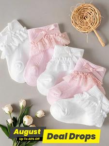 Girl's Solid Color Bow Decor Lace Ruffle Trim Ankle Socks, Cute Comfy Soft Breathable Socks for Daily Wear, Kid's Socks for All Seasons, Sock Set, Candy Colored Socks