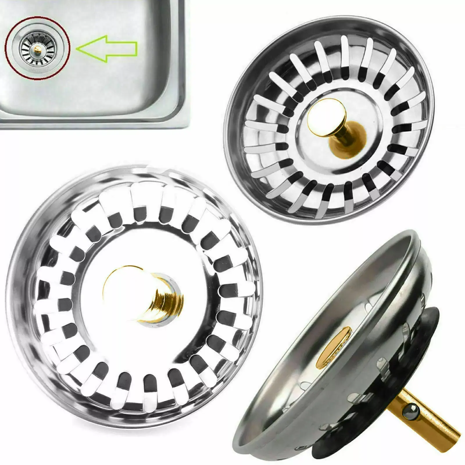 Stainless Steel Pop-Up Kitchen Sink Drain Strainer with Waste Plug Basin Drain Filter Steel UK