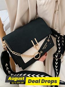 Women's Fashion Colorblock Pu Leather Zipper Stylish Crossbody Clutch Purse, Casual Versatile Chain Decor Shoulder Bag for Daily Used, Elegant Commuter Bag, Sling Purse, Casual Trendy Purses, Fashionable Shoulder Bag