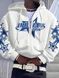 Men's Star & Letter Print Drop Shoulder Thermal Lined Zip Up Hoodie, Street Y2K Casual Regular Fit Drawstring Pocket Hooded Jacket for Daily Holiday Outdoor Wear, Men Clothes for Fall & Winter