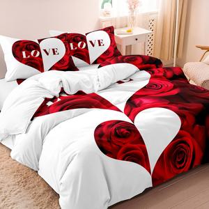 Rose Pattern Bedding Set, Including 1 Duvet Cover & 2 Pillowcases, Bedding Supplies for Home Bedroom Hotel