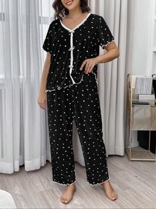 【Plus Size】 Heart Print Top & Pants Pyjama Two-piece Set, Casual Comfy Short Sleeve T-shirt & Trousers PJ Set, Women's Sleepwear for Summer, Loungewear