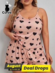 【Plus Size】 Heart Polka Dot Print Pyjama Set, Casual Spaghetti Strap Cami Top & Elastic Waist Shorts Pj Set, Women's Sleepwear & Loungewear, Pajama Sets Women, College Wear, Classy Two Piece Sets, Sleep Sets, Womenswear, Homewear, Softness Lingerie