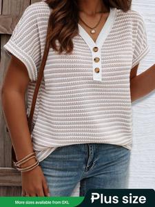 【Plus Size】 Striped Print V Neck Tee, Casual Short Sleeve T-shirt for Daily Wear, Women Clothing for All Seasons, Tops