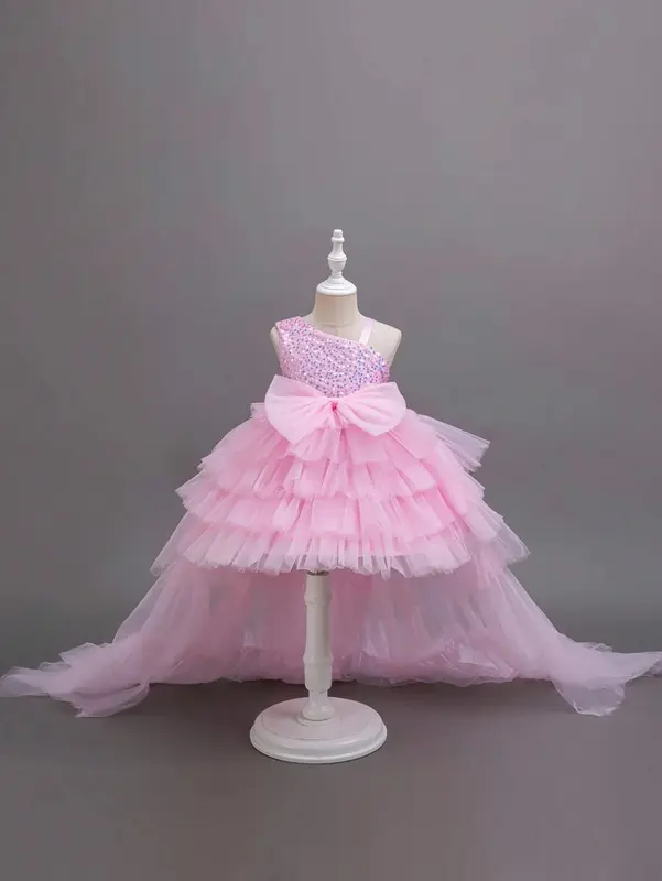 Glamorique Kids Baby Girl Christmas Partywear Santa Dress, New Years Dress - 4 Seasons Birthday Party Gown, Pink Sequin Tulle Cake Skirt, Diagonal Strap Soft Princess Dress 2