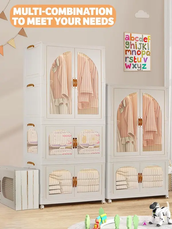 Kalolary Portable Kids Closet, Children's Wardrobe Collapsible Plastic Wardrobe Storage Box with 10 Hangers Storage Containers for Bedroom with Wheels, Suitable for Storing Children's Clothing 5