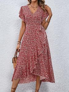 【Plus Size】Ditsy Floral Print V Neck Dress, Boho Fashion Casual Dress for Daily Holiday Vacation Wear, Women Plus Clothing for Summer
