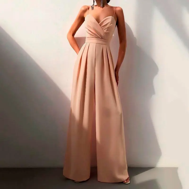 [2025]Elegant Suspenders V Neck Jumpsuit Women Fashion Sleeveless Backless High Waist Jumpsuit Solid Color Party Overalls For Women 7