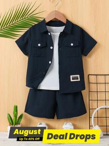 Toddler Boy's Textured Letter Patched Button Front Shirt & Elastic Waist Shorts Set without Tee, Casual Short Sleeve Flap Pocket Collared Top & Shorts for Daily Wear, Kids Summer Clothes, National Day Clothing, Outfit, Baby Clothing