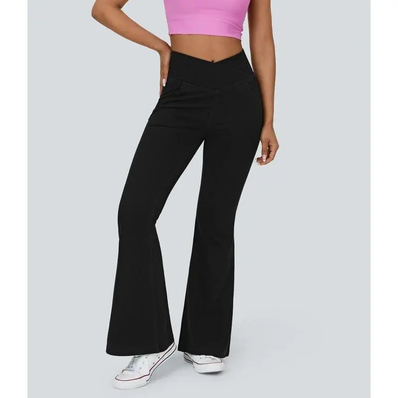 Women's Fl Black Denim ex High Waisted Crossover Super Flare Knit Jeans, Stretchy & Comfy Bottoms, Summer 2025, Plus Size ， Denim Basic Womenswear, Minimalist, Spring Sale Pants Trouser barrel  jeans  curvy high  rise  jeans jeans  Comfort Flared Denim 1