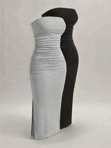 Women's Plain Ruched Split Hem Strapless Bodycon Tube Dress, Bandeau Dress for Daily Outdoor Wear, Sun Dresses, Dresses for Women