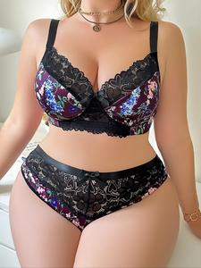 【Plus Size】 Two-Piece Set Floral Print Bow Front Push Up Bra & Panty, Contrast Lace Wireless Bra & Panty Set, Women's Lingerie Set for Daily Wear