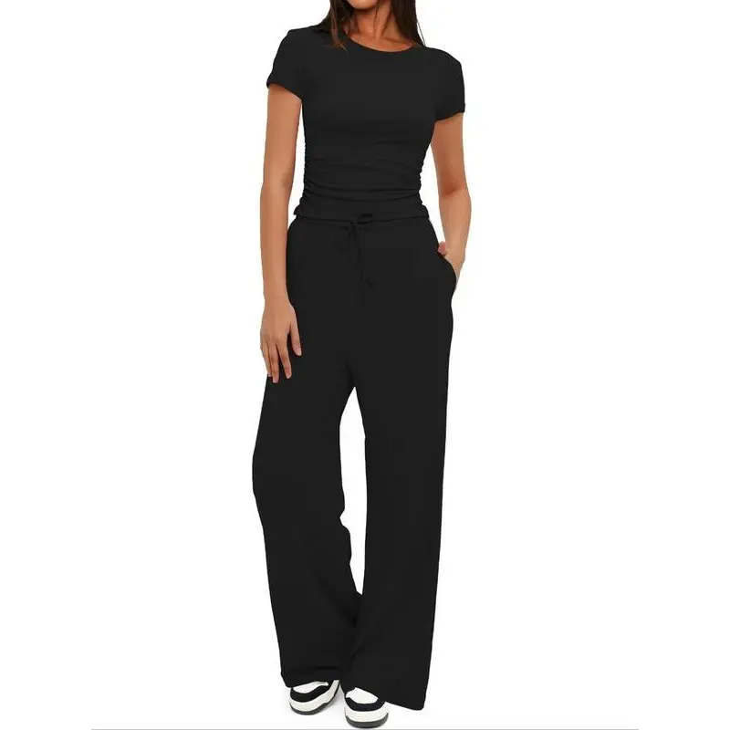 Women's Solid Crop Top & Drawstring Wide Leg Pants Loungewear Two-piece Set, Casual Comfy Round Neck Short Sleeve Top & Trousers PJ Set, Ladies Sleepwear for All Seasons, Pajamas 4