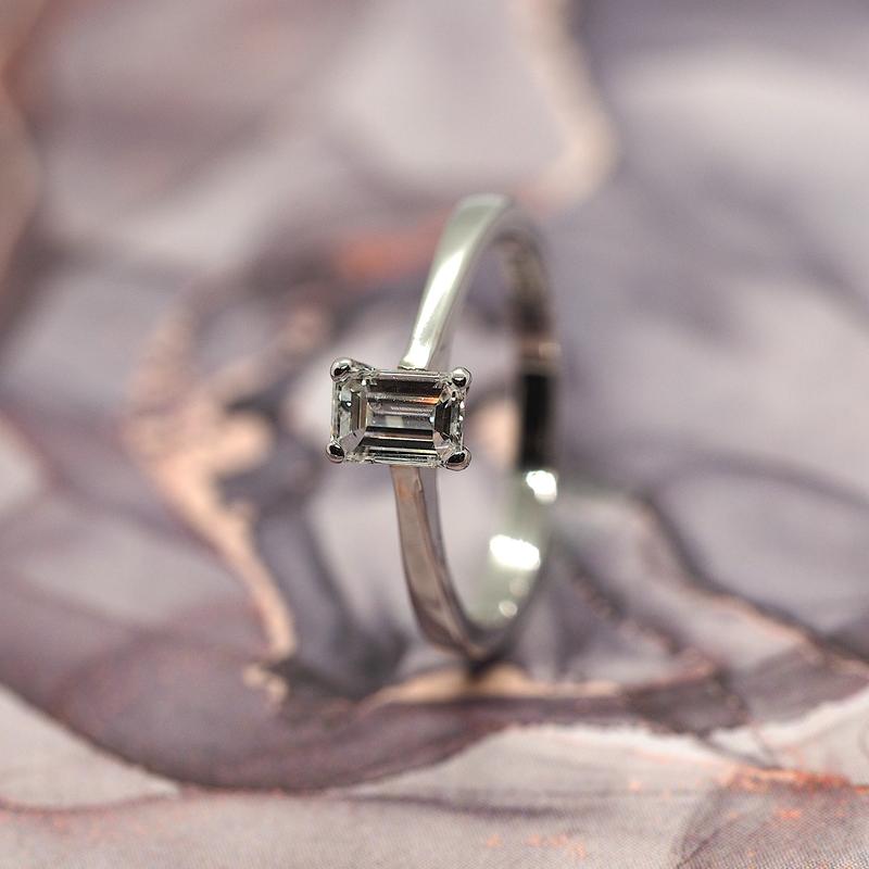Platinum Emerald Cut Diamond Solitaire Ring, size I 1/2 1