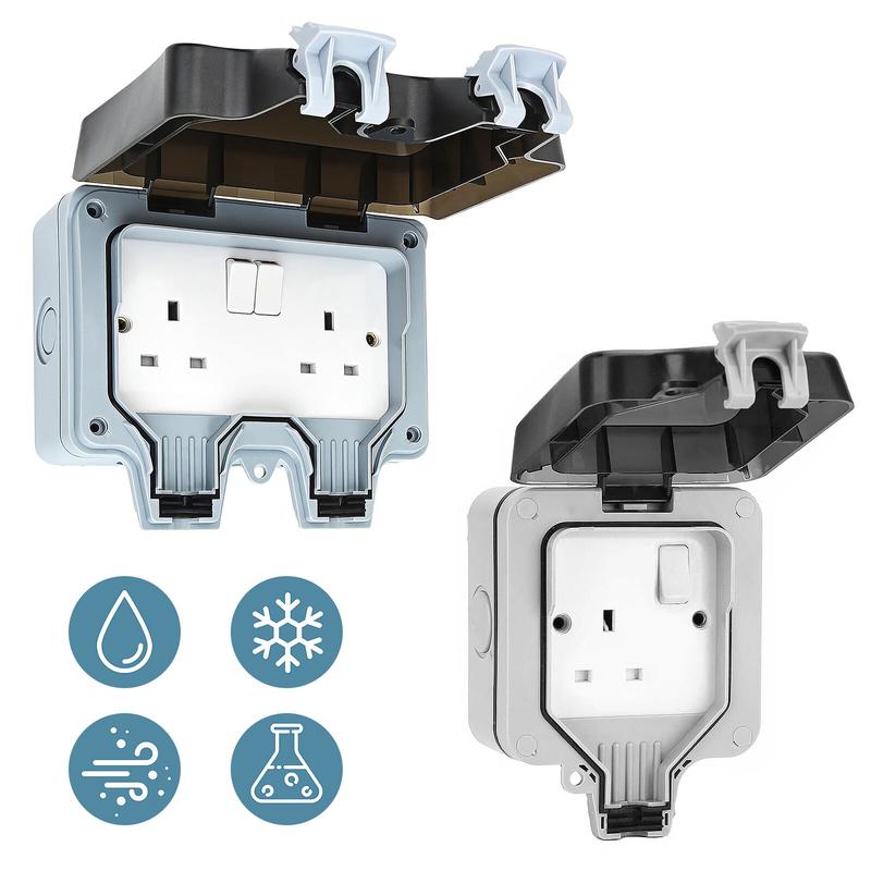Outdoor Socket 5-25 Meter 1 /2 Gang Waterproof Outdoor Double Socket with Extension Lead Switched Sockets Garden Power Socket External Mains Outlets IP66 Weatherproof