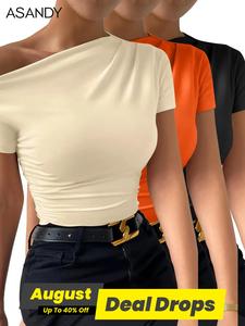 Women's Plain Ruched Asymmetrical Neck Tee, Casual Basic Short Sleeve T-shirt for Summer, Ladies Clothes for Daily Wear