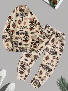 Men's Ethnic Pattern Sweatshirt & Pants Two-Piece Set, Casual Long Sleeve Pullover & Trousers for Fall & Winter, Men's Two-Piece Outfits for Daily Wear