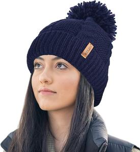 RockJock Ladies 100% Waterproof Warm Cable Knit Winter hat with Pompom and Thermal Cosy Liner