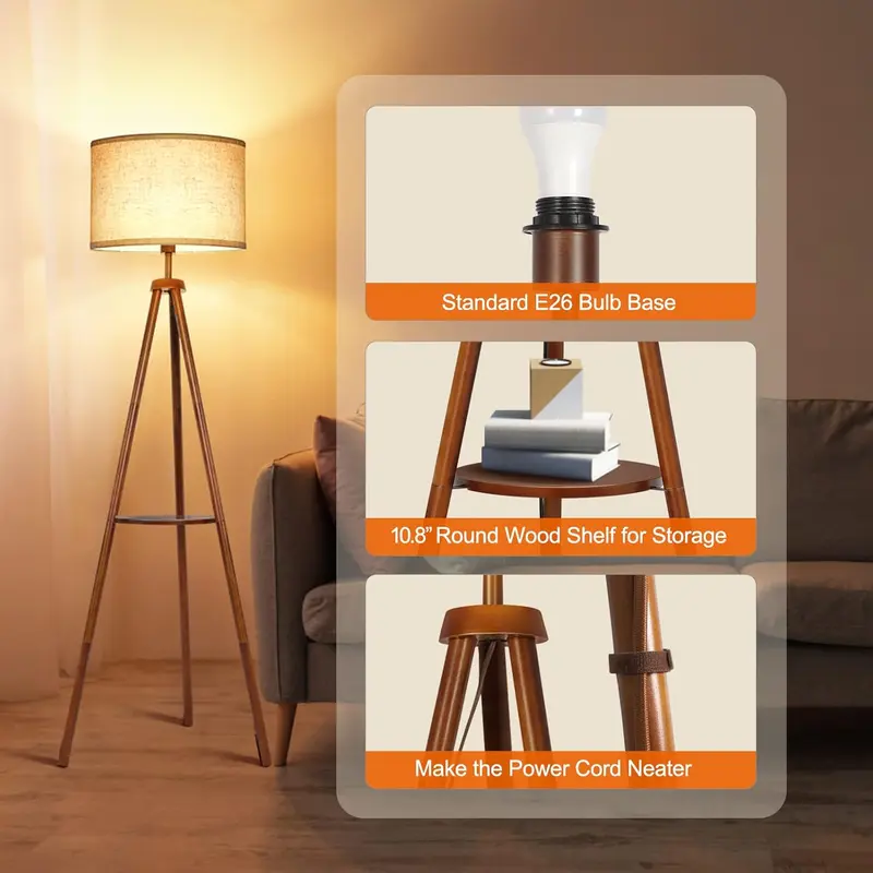 Solid Wooden Tripod Floor Lamp, Bulb Included, Standing Lamp with Remote Control, Dimmable & 4 Color Temperatures, 1H Timer, Floor Lamp with Storage Shelf Linen Shade for Living Room Bedroom 2