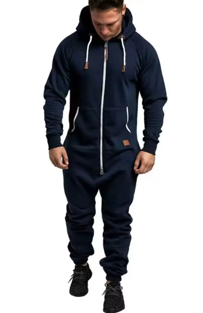 Product Introduction of New foreign trade men's hooded fleece jumpsuit solid color casual men's suit jumpsuit 4