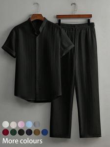 Two-Piece Set Men's Solid Striped Button Shirt & Pants Set, Regular Fit Casual Short Sleeve Collared Top & Trousers, Men's Summer Outfits