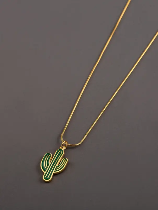 One Stainless Steel 18K Gold Plated Fashionable Cactus Pendant Necklace In Green, Suitable For Men And Women Vacation Accessories 2