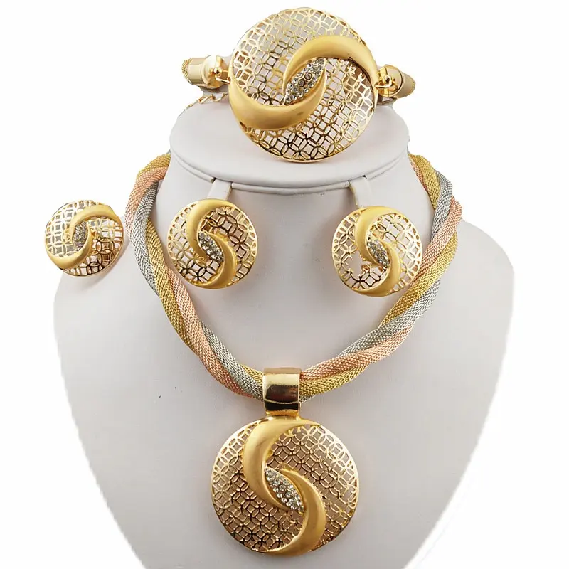 Three tone color neceklace with big drop pendant necklace and earring studs ring bracelet