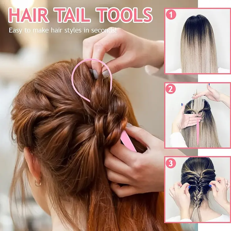 4Pcs Topsy Tail Hair Tool Hair Looping Tool Hair Braiding Tool with Rat Tail Comb, Ponytail Loop Hair Bands Remover Cutter Fast Hair Styling Accessories for Hair Braid 2