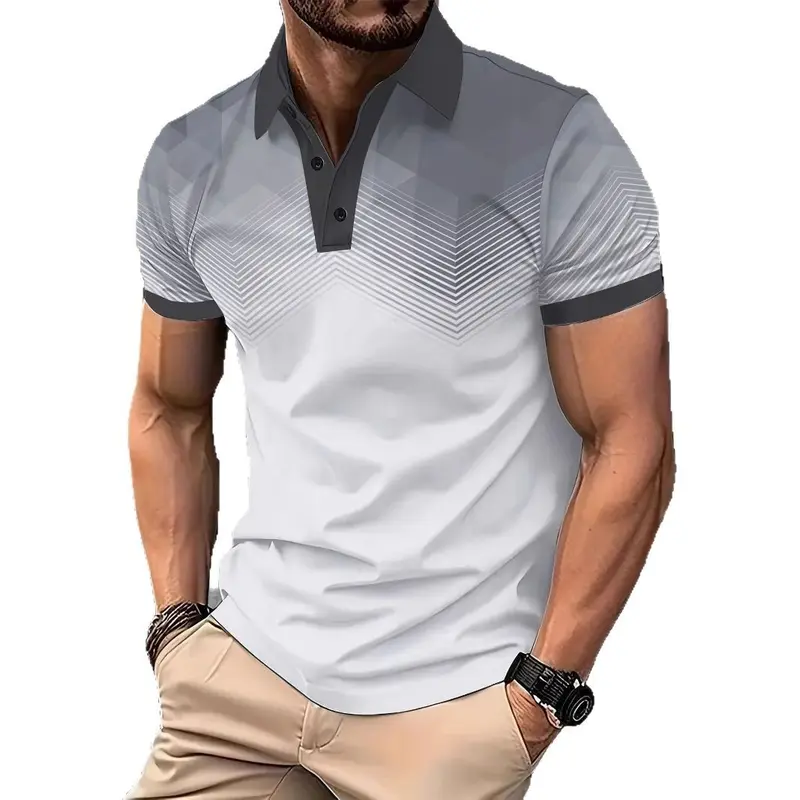 Men's Geometric Striped Gradient 3D Digital Printing Men's Summer Casual Business Button Lapel Polo Shirt 4