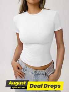 Women's Solid Shortsleeve Round Neck Basic Tee, Casual Slim-fitting Short Sleeve T-shirt, Ladies Summer Clothes for Daily Wear, Womens Clothes, Womenswear, Tshirt, Crewneck Clothing, Top, Casual Breathable Top