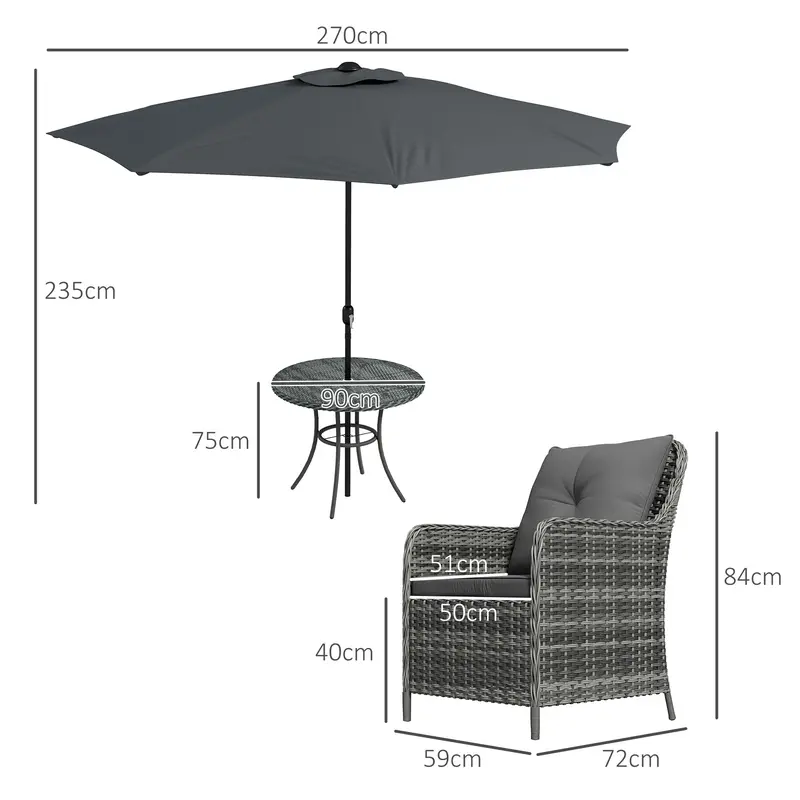4 Seater Rattan Dining Set with Parasol & Cushions - Mixed Grey 2