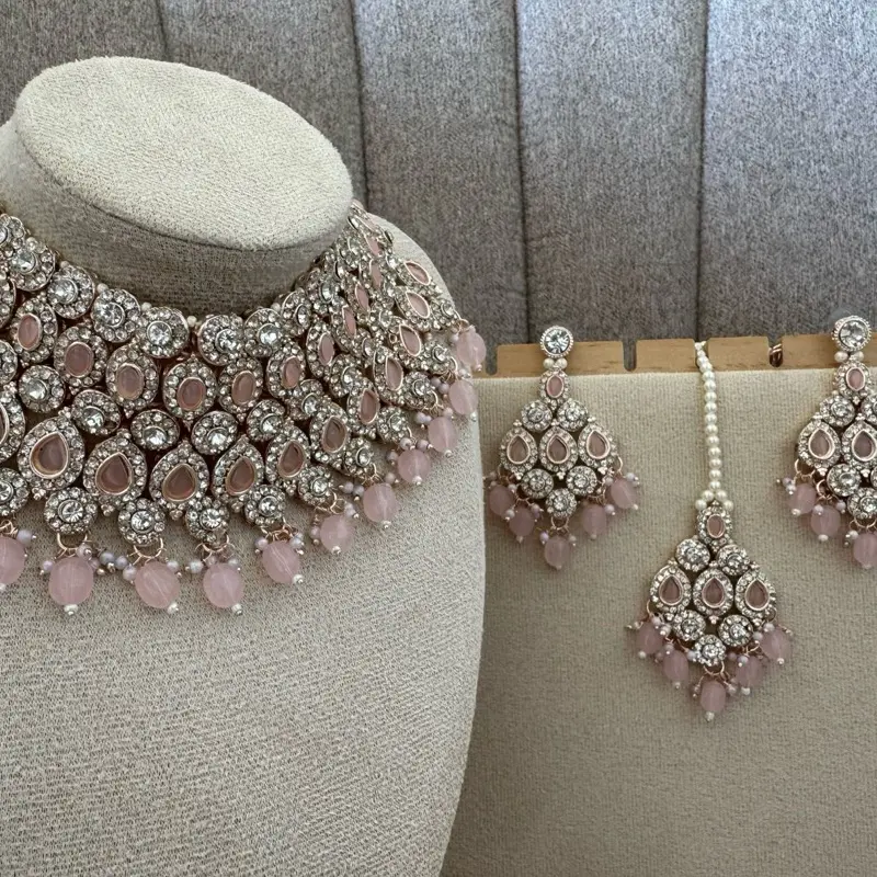 Crystal and Nude Pink 3 piece Indian Pakistani Jewellery Set 4