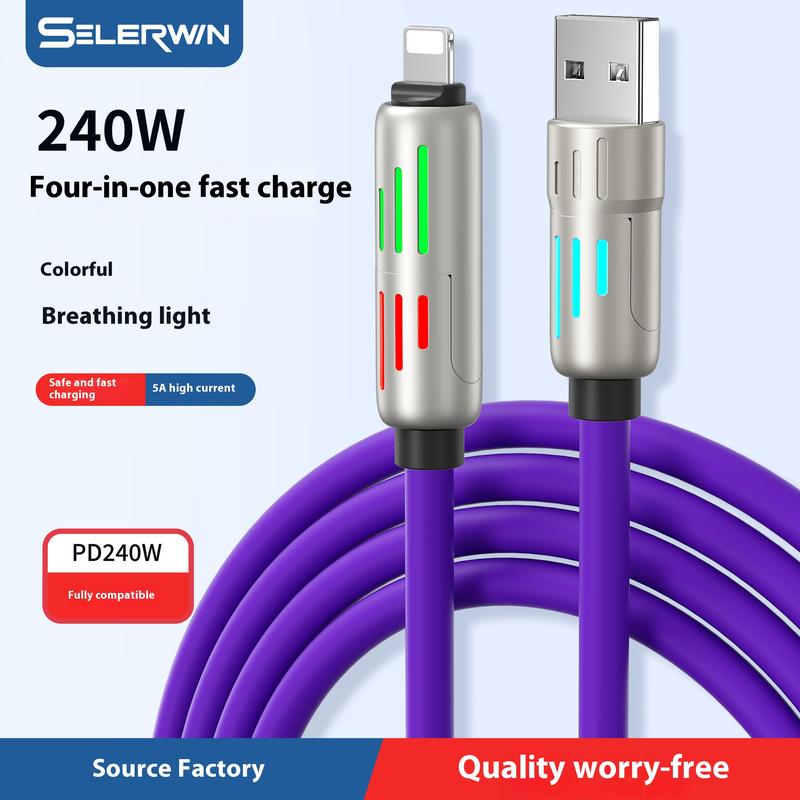 240W Data Cable Four-in-One Colorful Breathing Light Fast Charge Universal Phone Car Multifunction Type-C Charging Cable 5