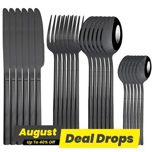 Black Stainless Steel Cutlery Set (24pcs/set), Including Knives, Forks & Spoons, Tableware Set for Home Kitchen Dining Room, Dinnerware Sets, Utensils