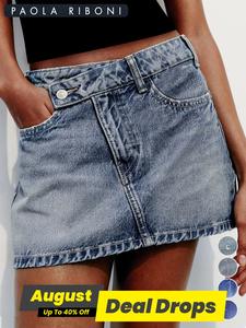 Women's Plain Overlap Waist Zipper Fly Denim Skirt, Casual Button Pocket Mini Skirt for Daily Wear, Ladies Bottoms for All Seasons